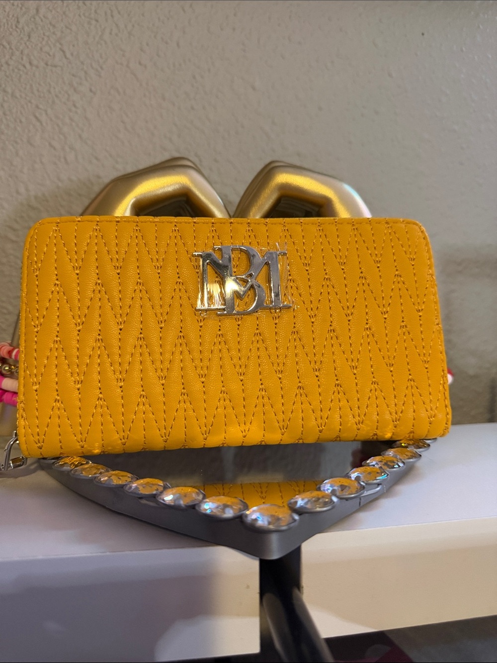 Badgley Mischka Yellow Quilted Mini Crossbody with Silver Logo